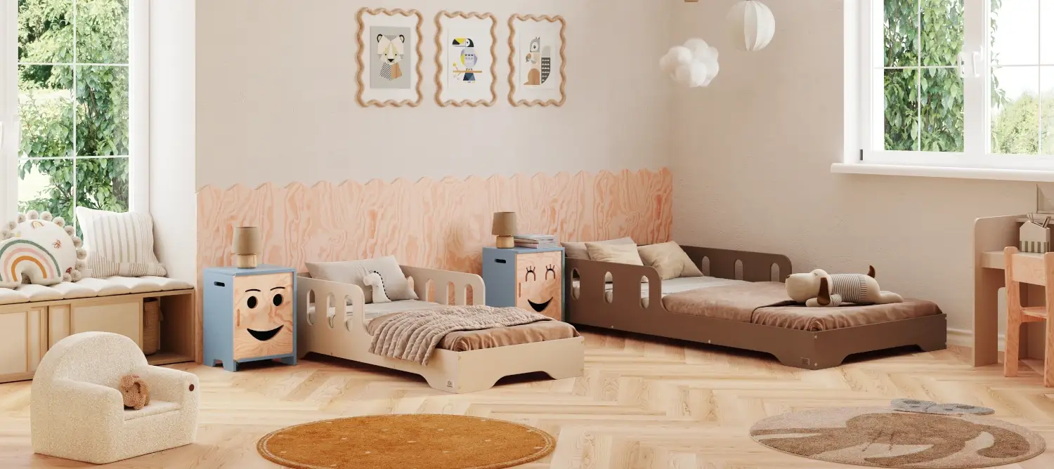 Łóżko pojedyncze dla dzieci z barierką i stelażem TILA 6 Montessori Drewniane